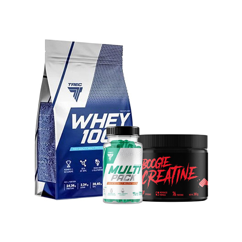 Białko TREC 100% Whey Cookies 900g + Kreatyna TREC Boogie Creatine Bubble Gum 300g + Witaminy TREC Multi Pack 60 kaps.